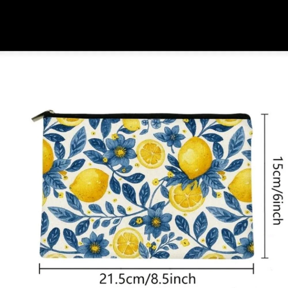 Lemons and Blue Floral Pouch Zipper Purse Bag